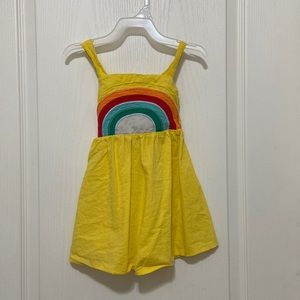 Yellow summer dress size says 100 (3t) but fits more like 24mo or 2t